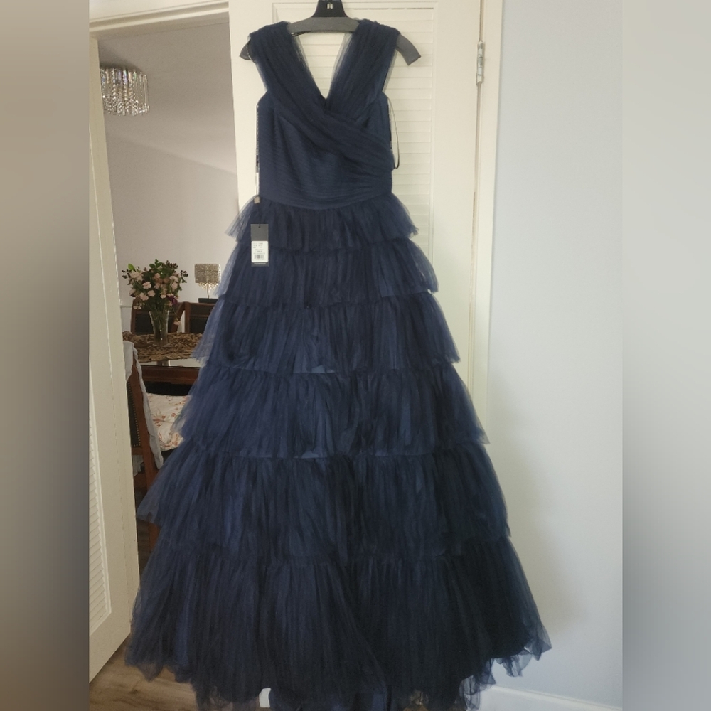 Tadashi Shoji Navy Blue Tiered Ruffled Gown